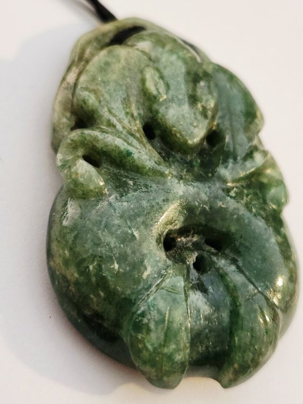 Old 1950s Green Jade Carved Pendant - Bat and Long Shou Symbol